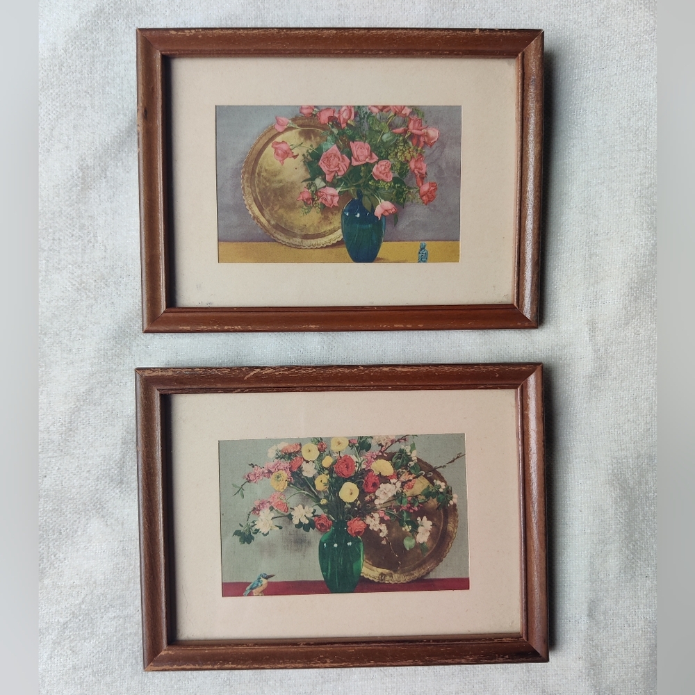 1930s Floral Still Life Wall Art Pair 2 Lambert Photo Prints 6x8" Cottage Shabby